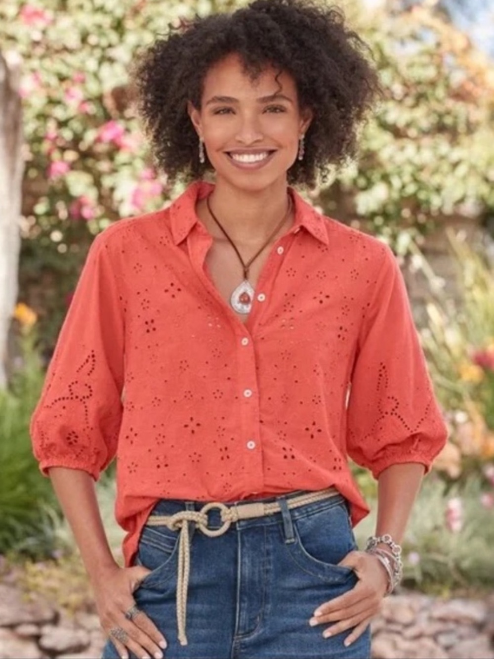 Sundance Corsica Coral Orange Eyelet Button-Down Shirt Small